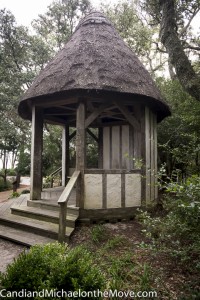 The gazebo, with a Norfolk reed thatch roof, overlooks the Roanoke Sound