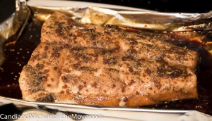 Michael's magical Salmon.  His secret is to cook it with the skin down on foil and if he flips it, he separates the skin so the fish is essentially poached.  It is out of this world.