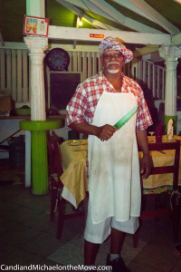 Boots wielding his chef's knife for the camera.