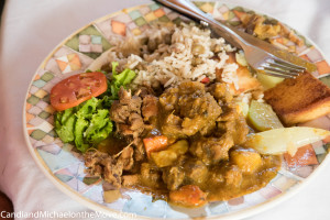 Goat curry, Turkey and Manicou.  Plus salad, rice and peas and local veggies.