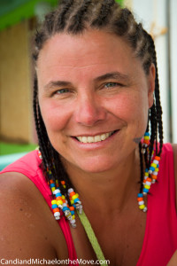 Diane, getting ginto Carnival mood with her hair "platted" (braided) by Nadica 