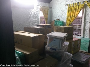 One view of our Office. The other view is piled just as high. Computers, electronics and photography equipment is being stored here.