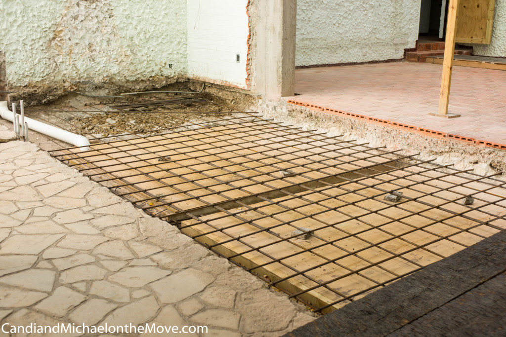 The rest of the wooden frame has been completed and the rebar has been laid down and wired together to form a strong frame for the concrete.