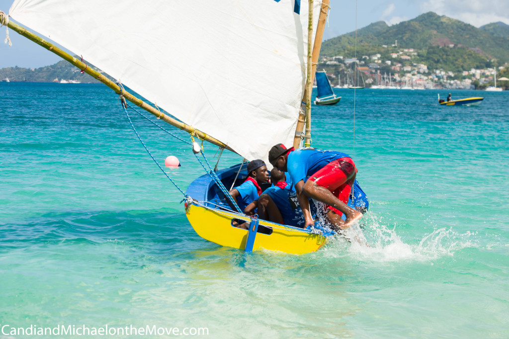 Last man jumping and diving into the boat as it takes off from shore. 